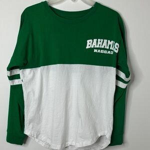 Bahamas Nassau Women’s Green and White Long Sleeve Tee 100% Cotton Size M